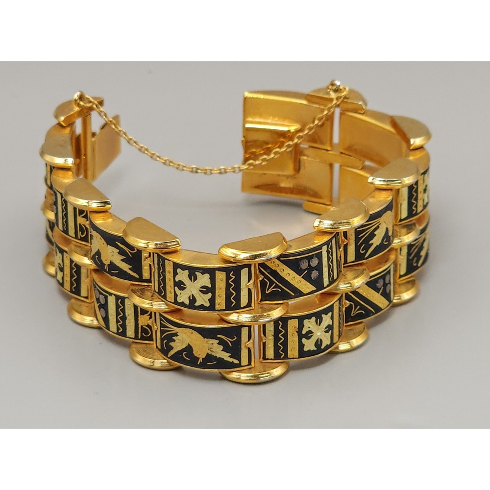1 Inch Wide Damascene Gold Black Panel Link Bracelet Multi Row 6.5" Safety Bird - Picture 7 of 11
